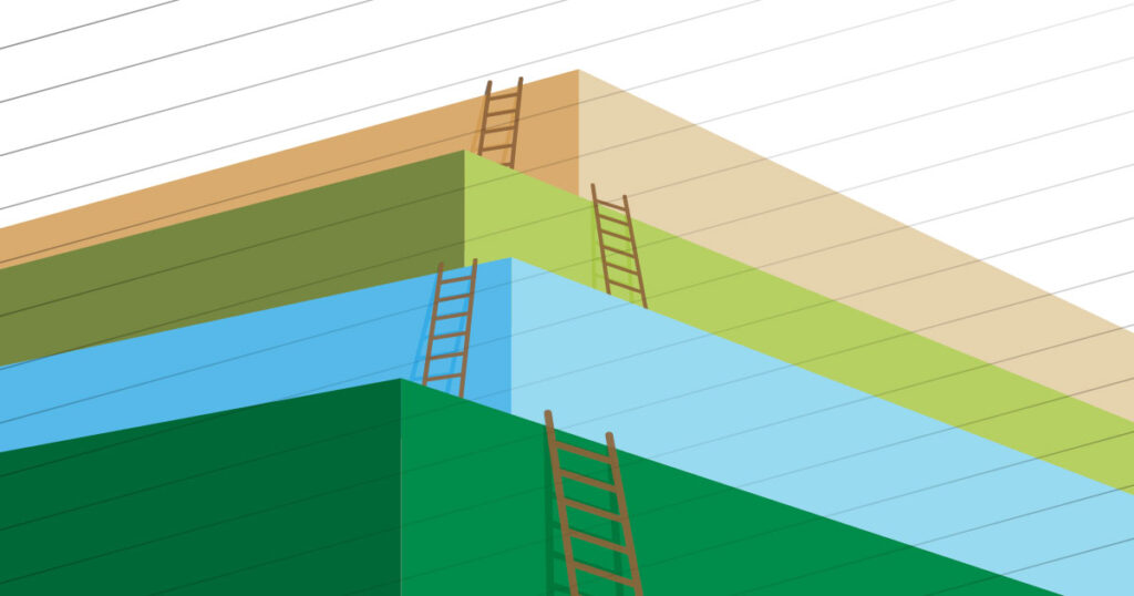 Illustration of 4 levels of a building, each one is a different color, with a ladder leaning against the wall taking you to the next level.